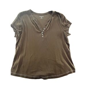 Eddie Bauer Womens T Shirt Size XXL Brown Short Sleeve Henley Cotton